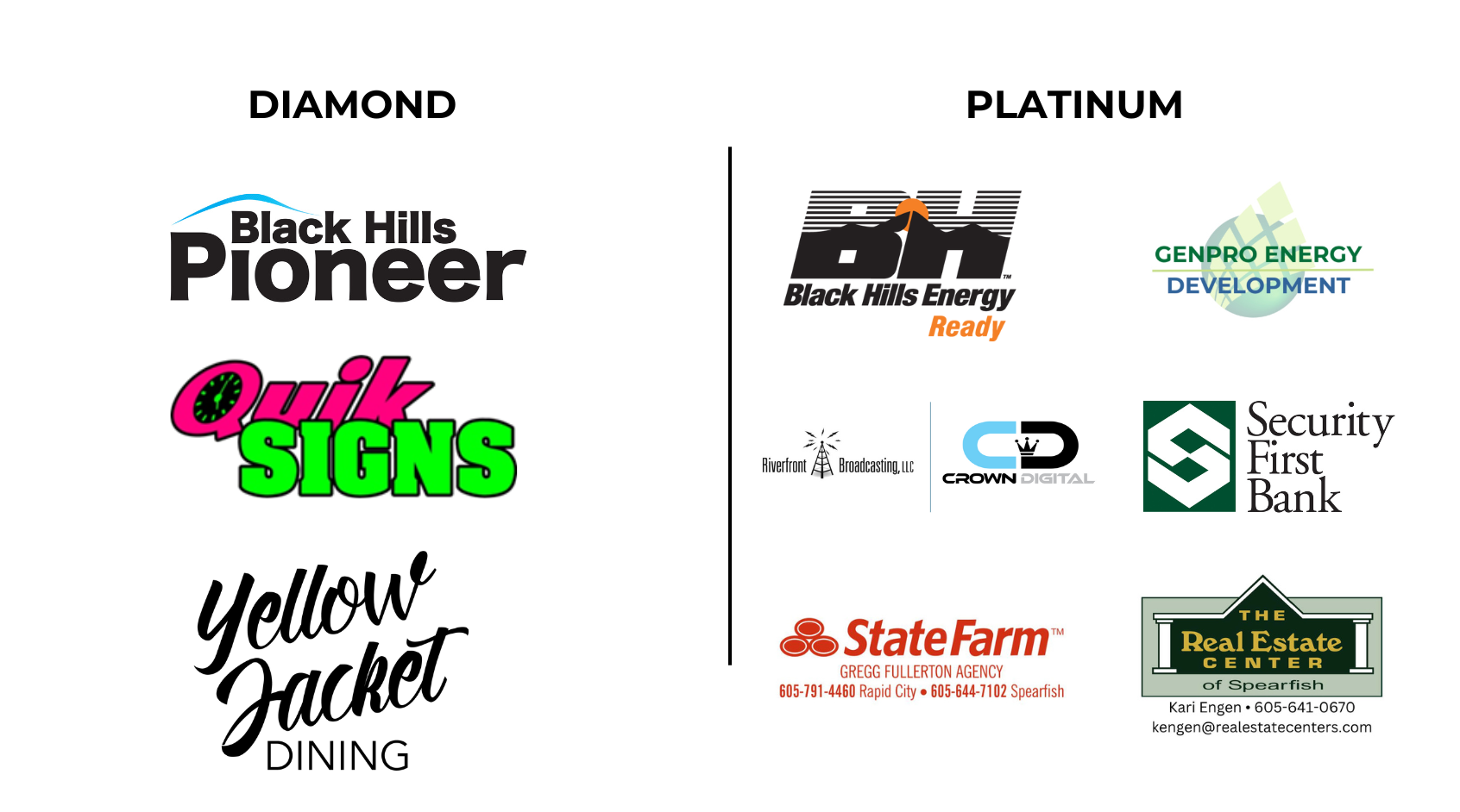 Image showing diamond and platinum level sponsors. Diamond level shows the logos for Black Hills Pioneer, Quik Signs, and Yellowjacket Dining.  Platinum level shows the logos for Black Hills Energy, GenPro Energy Development, Riverfront Broadcasting LLC, Crown Digital, Security FIirst Bank, State Farm, and The Real Estate Center of Spearfish.