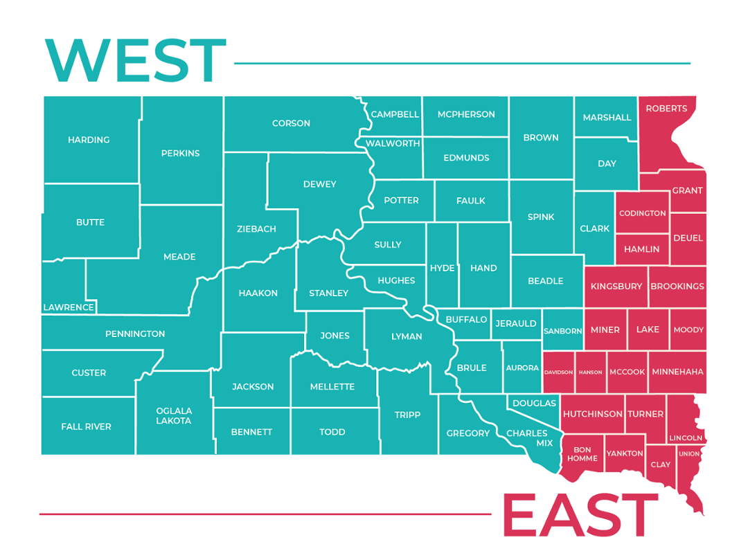 Map of South Dakota counties showing service areas for SD CEO Women's Business Center. The map is divided into two regions: 'WEST' (shown in teal) and 'EAST' (shown in red). Eastern counties include: Roberts, Marshall, Day, Grant, Codington, Deuel, Hamlin, Clark, Kingsbury, Brookings, Moody, Lake, Miner, Sanborn, Davison, Hanson, McCook, Minnehaha, Lincoln, Union, Turner, Hutchinson, Yankton, Clay, Bon Homme, and Aurora. All remaining South Dakota counties are in the western region. Users should determine what region their county is in and select the corresponding East or West button below to connect with their regional women's business center.