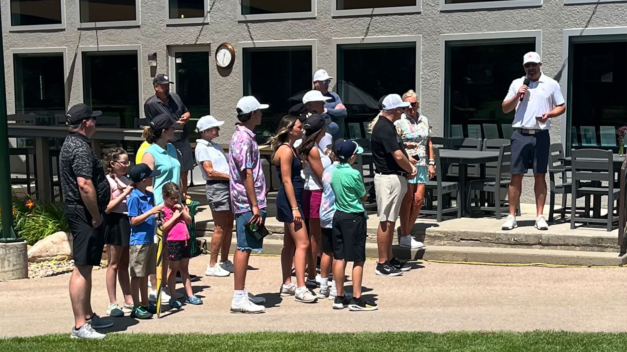 Shane Larscheid welcomes the golfers and thanks the participants for celebrating the day with his family at the 24th Annual Mark Larscheid Memorial Golf Tournament held July 5.