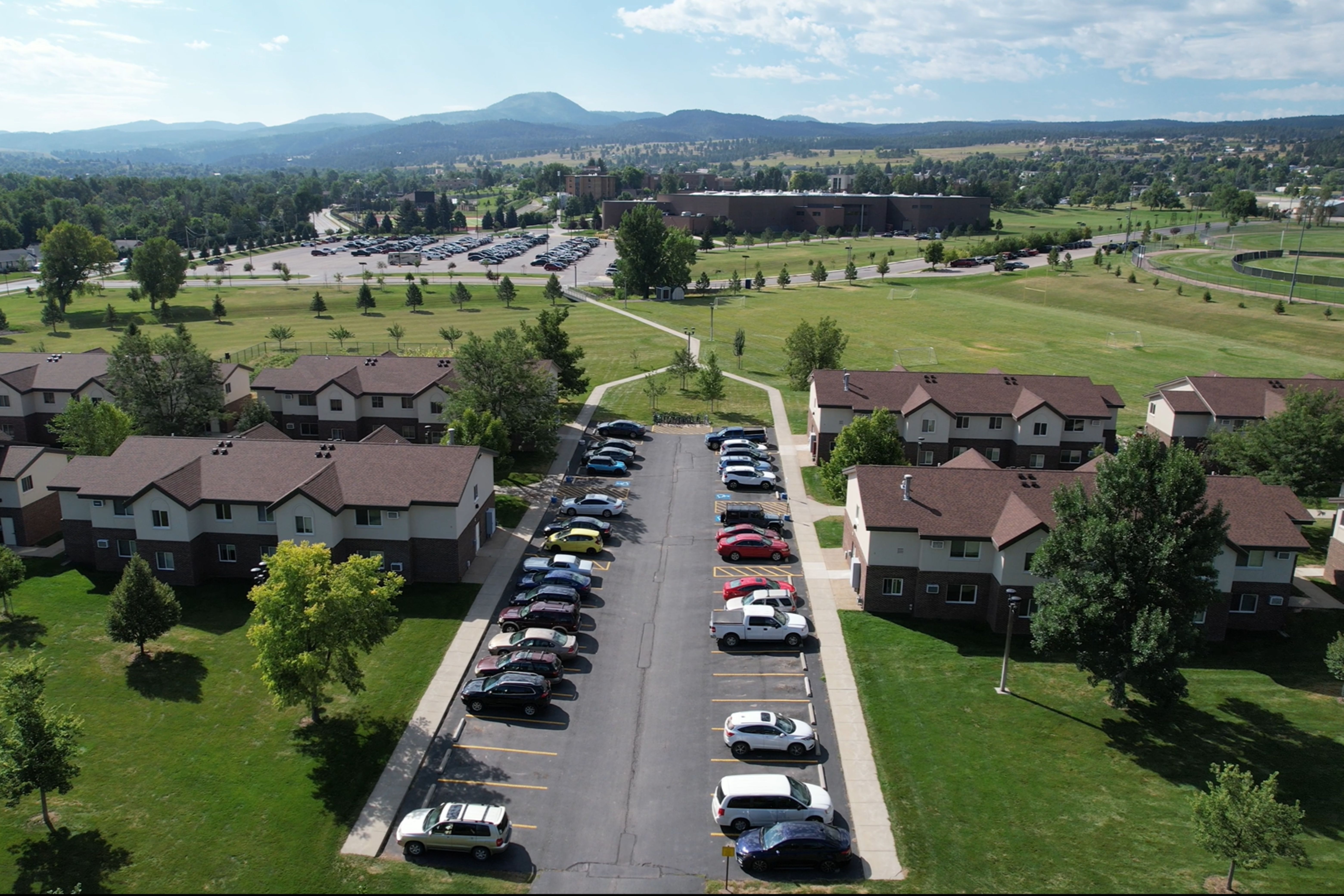 Aerial view drone image of the Yellow Jacket Apartments.