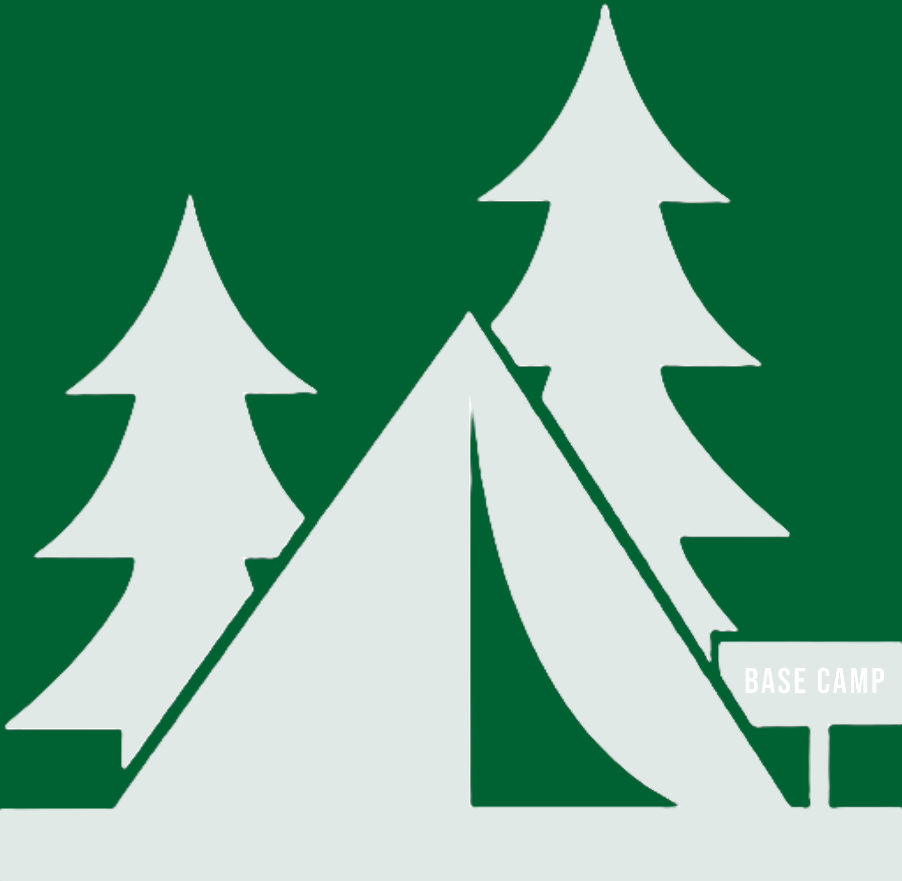 Graphic of two trees, a tent, and a sign that says "base camp."