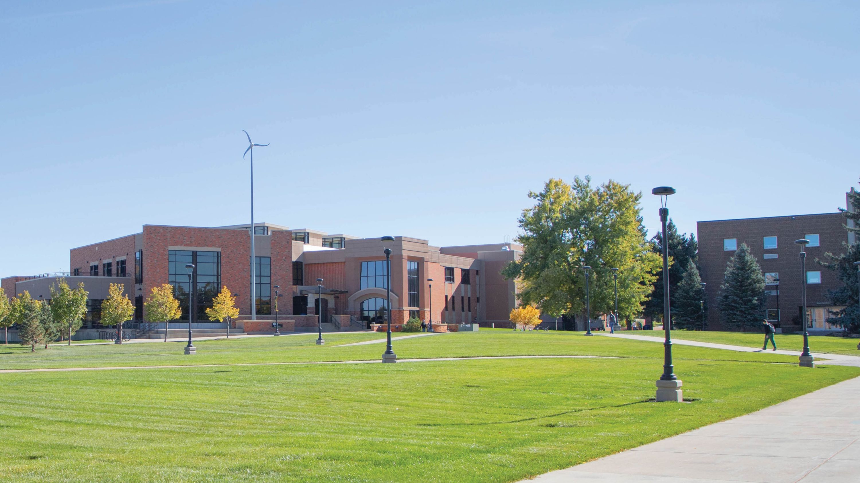 The BHSU Student Union with the campus green in the foreground.